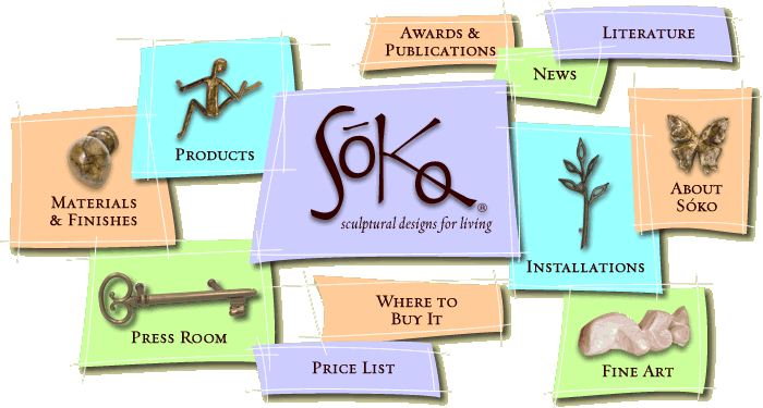Sóko - Fine Decorative Hardware, Cabinet Hardware, Door Handles, Drawer Knobs, Artistic Pulls, Decorative Hooks - Sculptural door, drawer, and cabinet hardware, knobs, pulls, handles, hooks in hand cast solid stainless steel and bronze including Manhandles, Flutterbye, Babyface, Lychee Nut distinctive collections